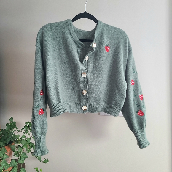 Sweaters - Sage Green Cropped Strawberry Cardigan